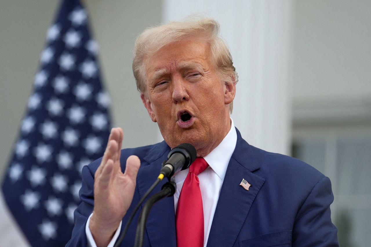 Former President Donald Trump, Republican presidential nominee, speaks during a news conference at Trump National Golf Club, in Bedminster, New Jersey, U.S., August 15, 2024. 