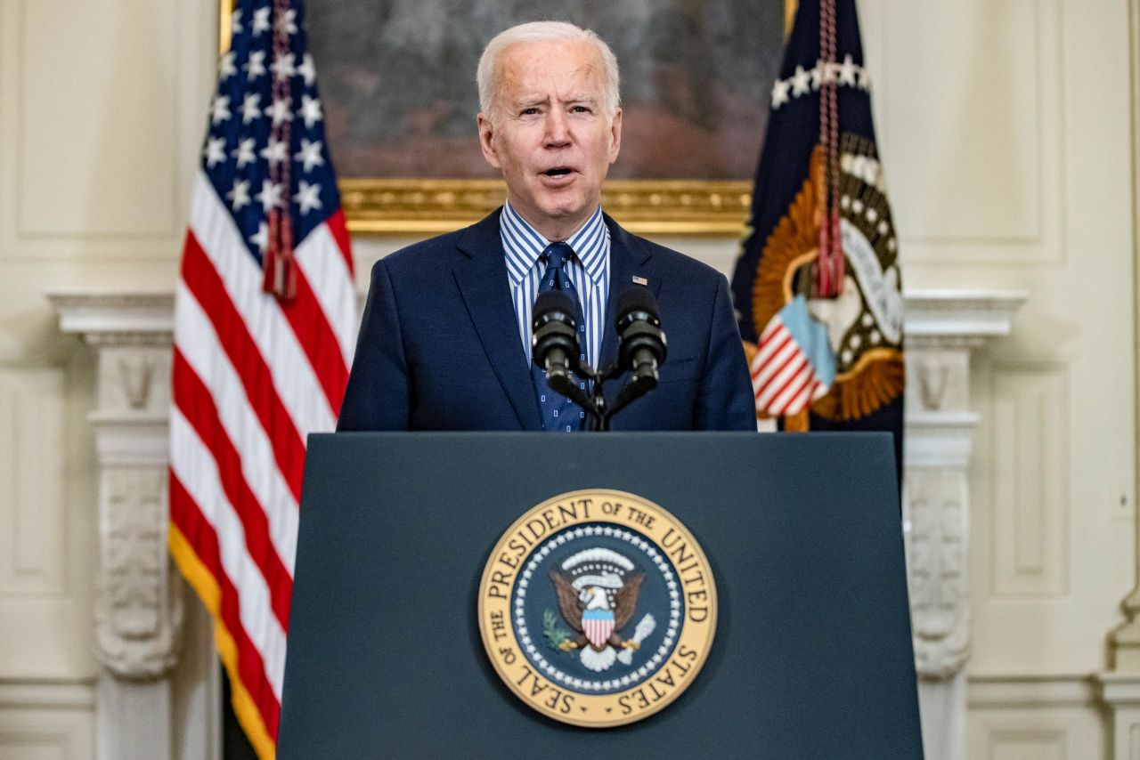 President Joe Biden speaks from the State Dining Room at the White House on March 6 in Washington, DC.