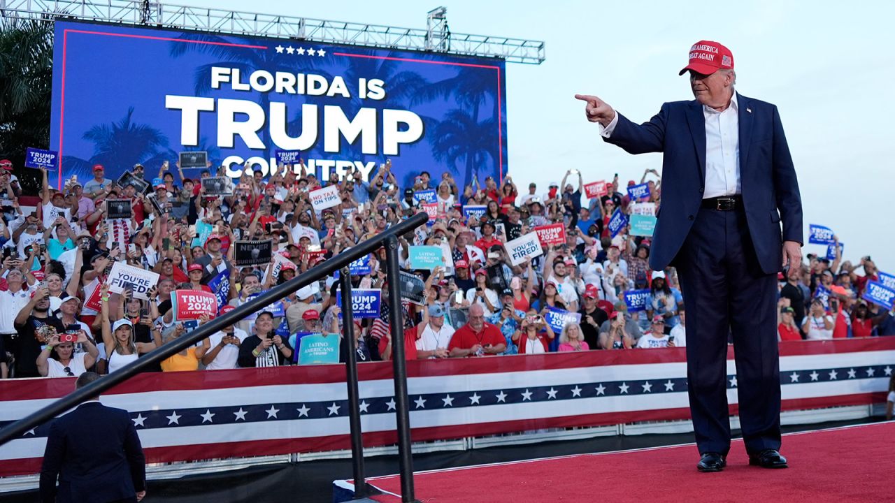 Republican presidential candidate former President Donald Trump arrives for a campaign rally at Trump National Doral Miami, in Doral, Florida, on July 9.