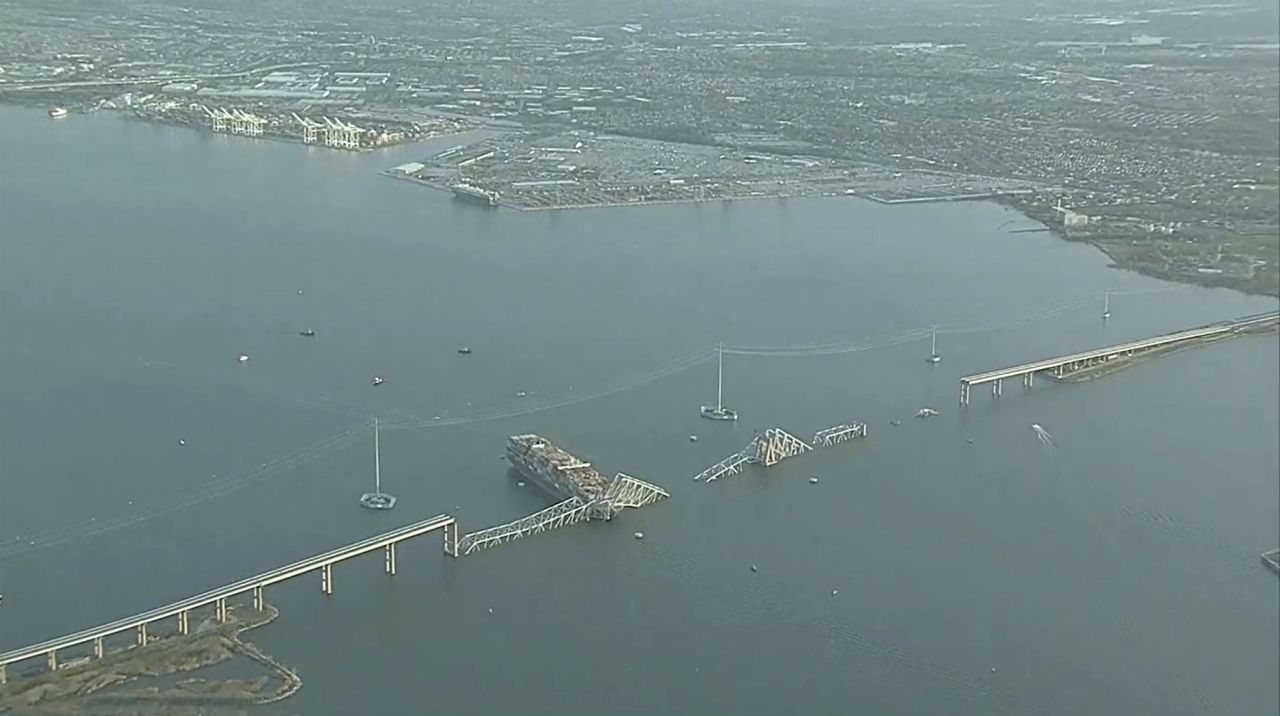 Aerial view of the Francis Scott Key Bridge in Baltimore after a container ship collided with a support on March 26.