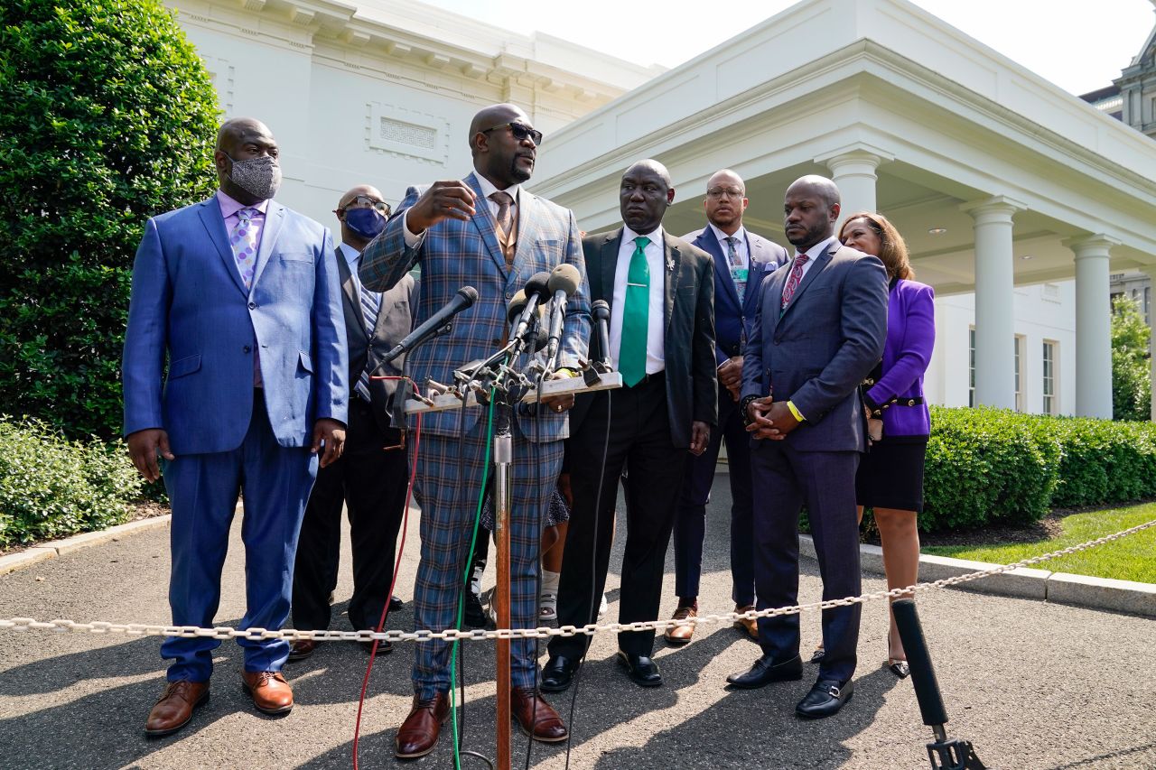 Philonise Floyd talks to reporters alongside other family members after meeting with President Joe Biden at the White House on May 25.