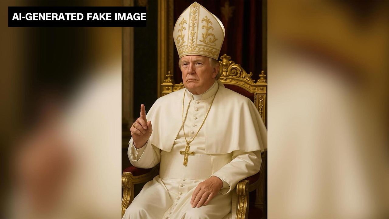 This AI-generated fake image shared by President Donald Trump to the social media platform Truth Social shows him depicted as the pope, wearing papal attire and a crucifix hanging around his neck while pointing with his index finger.