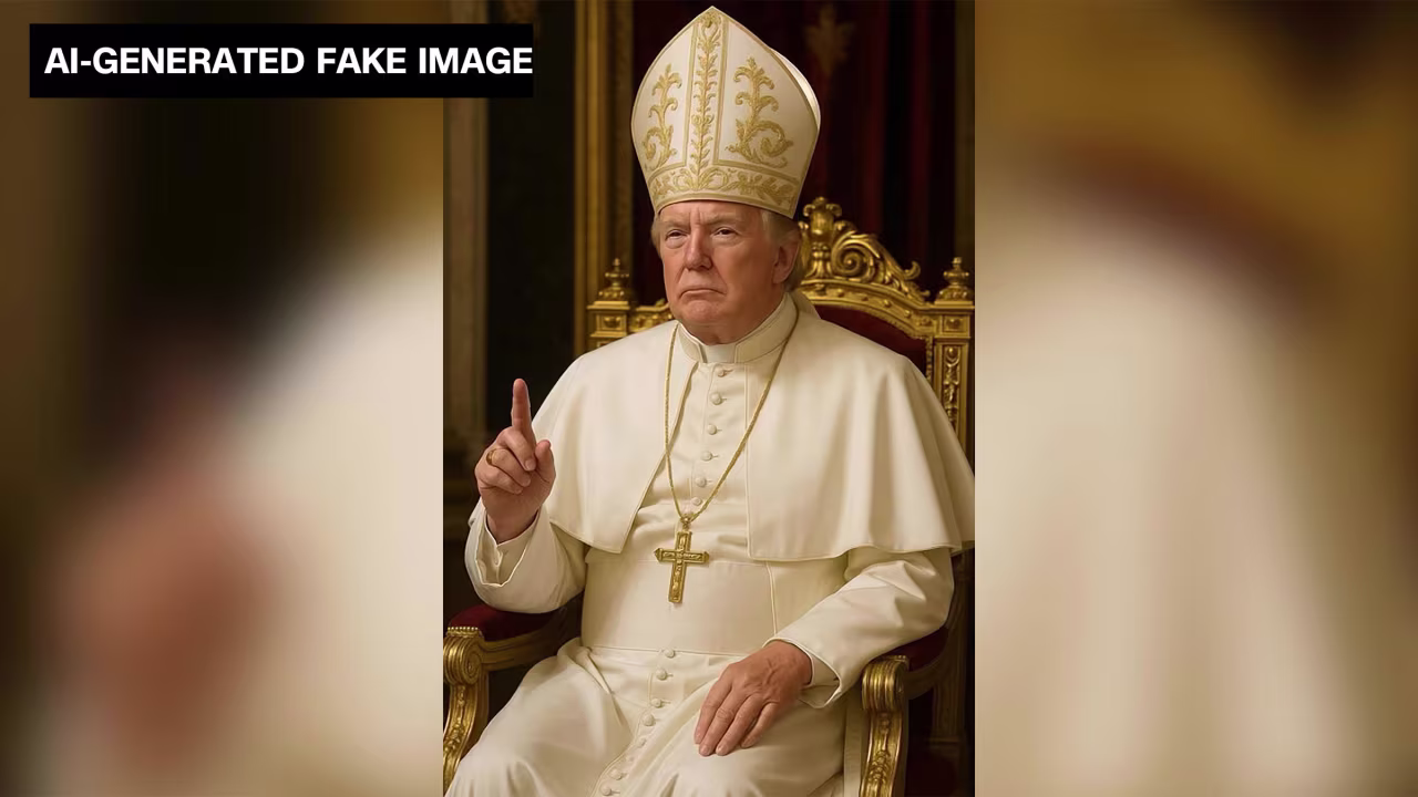 This AI-generated fake image shared by President Donald Trump to the social media platform Truth Social shows him depicted as the pope, wearing papal attire and a crucifix hanging around his neck while pointing with his index finger.