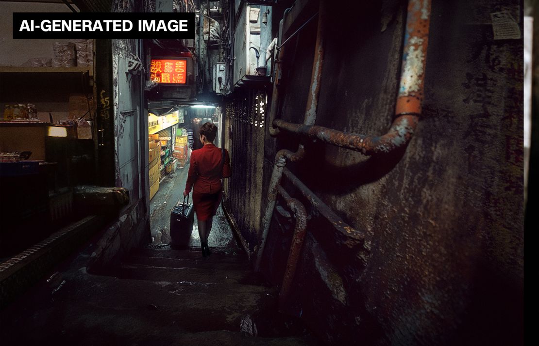 "Untaken photo 2" recreates a photo Girard missed in the late 1980s, when he saw a Cathay Pacific flight attendant get out of a cab and walk into the Kowloon Walled City, pulling her luggage behind her. He lost her in the maze of alleys before he was able to take a shot.