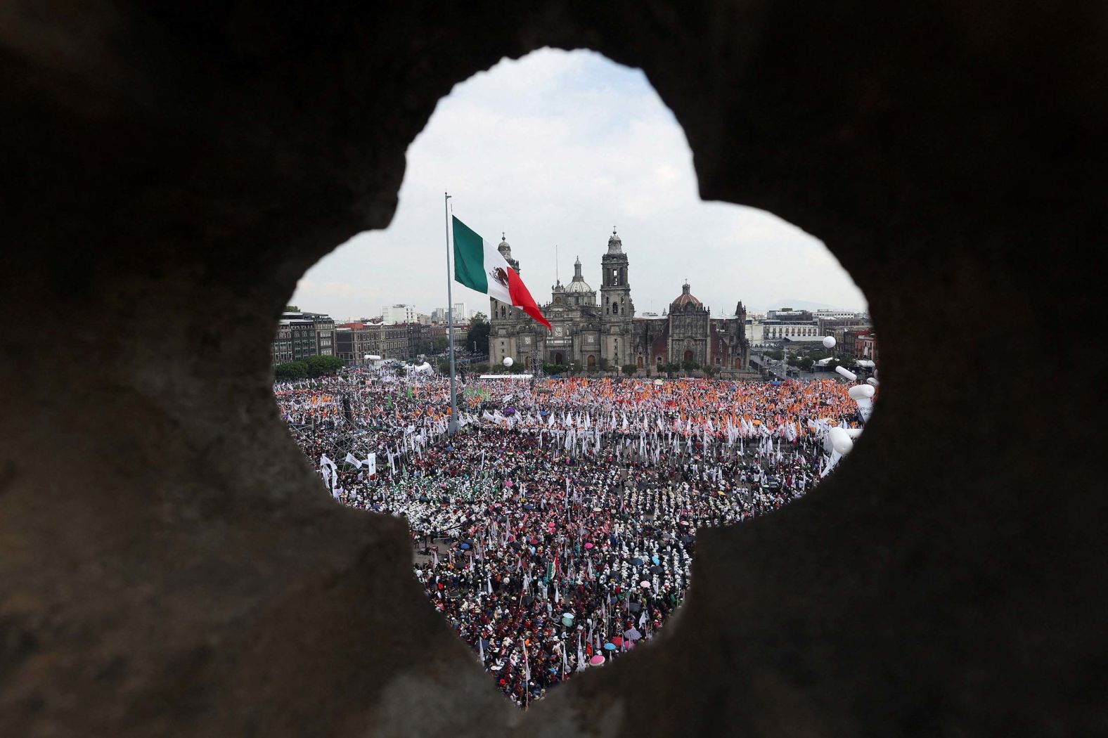 People gather in Mexico City’s Zocalo Square on Sunday, October 5, to attend an event marking Mexican President Claudia Sheinbaum's <a href="index.php?page=&url=https%3A%2F%2Fwww.cnn.com%2F2025%2F10%2F05%2Famericas%2Fclaudia-sheinbaum-popularity-analysis-intl-latam">first year in office</a>.