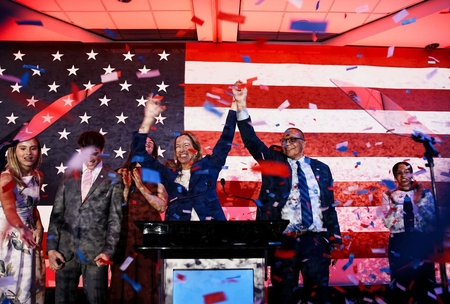 New Jersey gubernatorial candidate Mikie Sherrill, center, celebrates with lieutenant gubernatorial candidate Dale Caldwell after winning their races on Tuesday, November 4. Sherrill, a Democratic congresswoman, will be <a href="index.php?page=&url=https%3A%2F%2Fwww.cnn.com%2F2025%2F11%2F04%2Fpolitics%2Fnj-governor-mikie-sherrill-wins">the first female Democratic governor in New Jersey’s history</a>.
