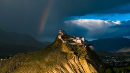 SHIGATSE, CHINA - JULY 09: Aerial view of rainbow appearing over Jiangzi Zongshan Castle after a rain on July 9, 2025 in Shigatse, Xizang Autonomous Region of China. (Photo by VCG/VCG via Getty Images)