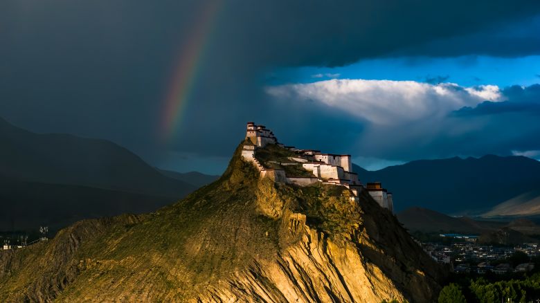 SHIGATSE, CHINA - JULY 09: Aerial view of rainbow appearing over Jiangzi Zongshan Castle after a rain on July 9, 2025 in Shigatse, Xizang Autonomous Region of China. (Photo by VCG/VCG via Getty Images)