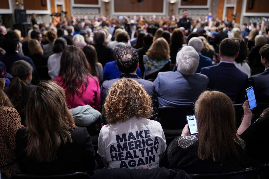 A person wears a Make America Healthy Again t-shirt at a hearing on Robert F. Kennedy Jr.’s nomination to be secretary of Health and Human Services on Capitol Hill on January 29, 2025.