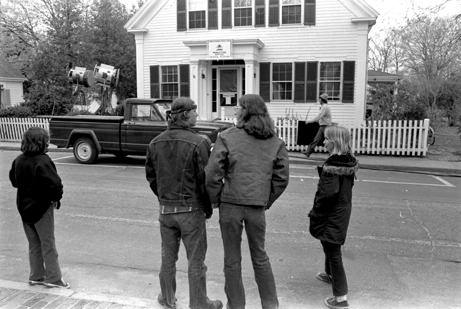 Crew gather outside the Universal Studios production office for "Jaws" on Martha's Vineyard. The community was "thrilled" that "Jaws" was shot on the island, <a href="index.php?page=&url=https%3A%2F%2Fwww.mvy.com%2Fjaws-on-marthas-vineyard" target="_blank">according</a> to the Martha's Vineyard Chamber of Commerce.