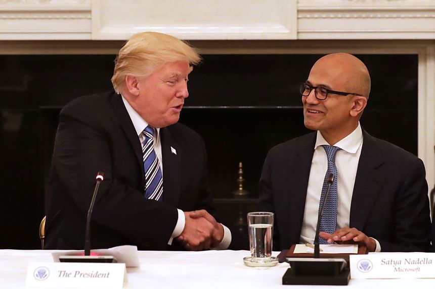 President Trump welcomes Microsoft CEO Satya Nadella to the White House in 2017.