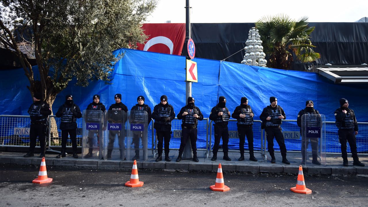 Turkish anti riot police officers in front of the Reina night club, one of Istanbul's most exclusive party spots, early on January 1, 2017 after at least one gunmen went on a shooting rampage in the nightclub during New Year's Eve celebrations. 
At least 39 people were killed when a gunman reportedly dressed as Santa Claus stormed an Istanbul nightclub as revellers were celebrating New Year, the latest carnage to rock Turkey after a bloody 2016. / AFP / YASIN AKGUL        (Photo credit should read YASIN AKGUL/AFP/Getty Images)