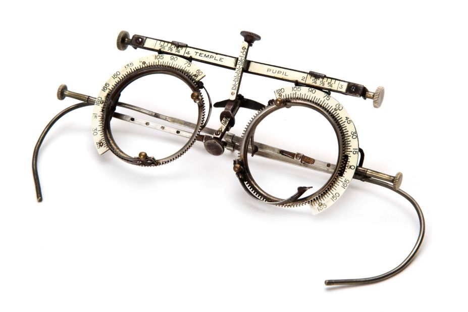 Phoropter test glasses, made of metal and ivory, designed in England in the mid-1800s. 