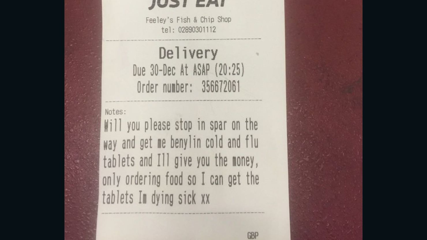 A customer of Feeley's Fish and Chip Shop in Belfast had an unusual request.