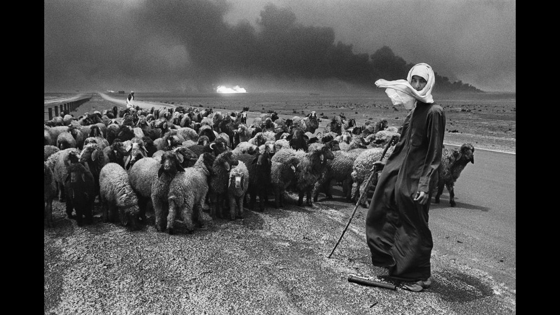 A man herds sheep, their fur blackened by soot.