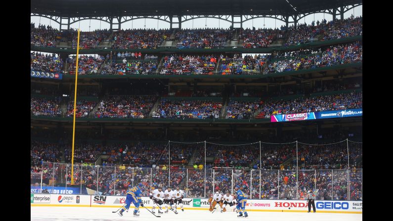 The St. Louis Blues and the Chicago Blackhawks play hockey in the annual Winter Classic on Monday, January 2. The Blues won 4-1 in the outdoor game, which was played at Busch Stadium, home of the St. Louis Cardinals baseball team.