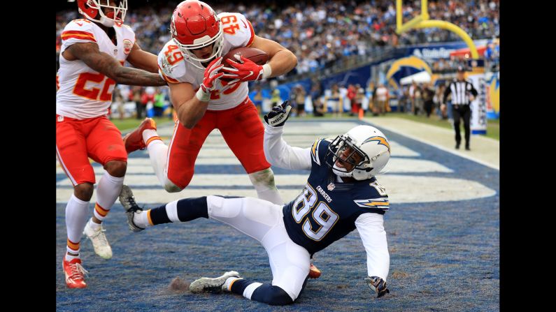 Kansas City safety Daniel Sorensen intercepts a pass during an NFL game in San Diego on Sunday, January 1. Kansas City won 37-27 and clinched the AFC West title with Oakland losing to Denver.
