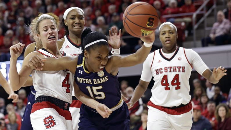 Notre Dame's Lindsay Allen reaches for a loose ball during a game at North Carolina State on Thursday, December 29. Allen and the Fighting Irish were upset 70-62. It was just their second ACC loss since joining the conference in 2013.