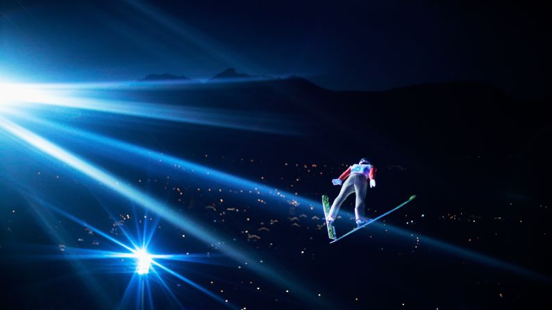 Japanese ski jumper Taku Takeuchi soars through the air while competing in the Four Hills Tournament in Oberstdorf, Germany, on Friday, December 30.