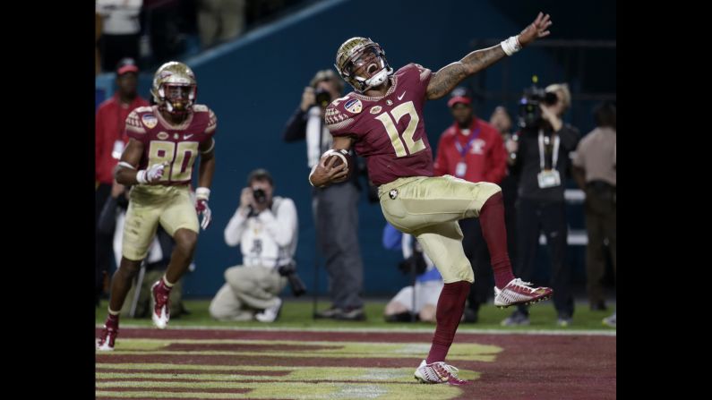 Florida State quarterback Deondre Francois celebrates a touchdown in the Orange Bowl on Friday, December 30. Francois passed for two touchdowns and ran for another as the Seminoles defeated Michigan 33-32.