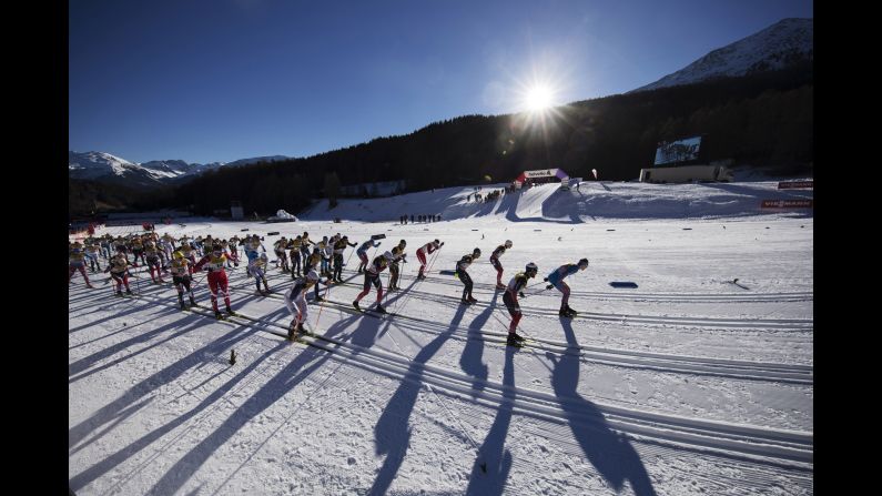 Cross-country skiers race in Val Mustair, Switzerland, on Sunday, January 1.