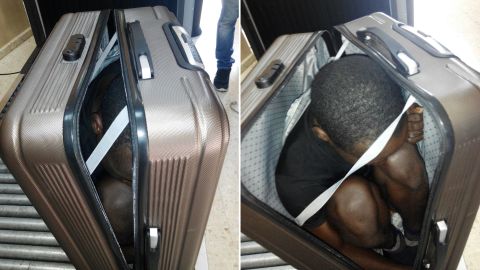 Photos taken by Spanish officials show a teen migrant hiding inside a suitcase.