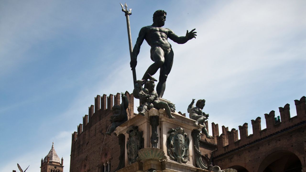 Pictured, The Fontana del Nettuno in Piazza Nettuno. Bologna, Italy.