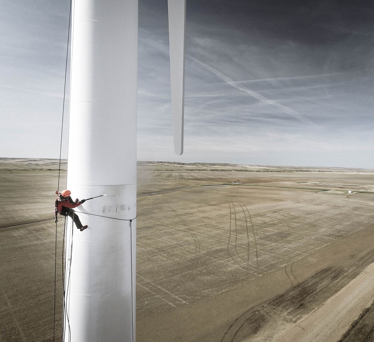 <strong>Turbine worker, Stirling, Alberta: </strong>Landscape is the most popular type of drone photography but Dronestagram says they're receiving more and more shots of people. Dronist Aero Retina Optics captured this image of a worker descending down the side of a wind turbine in Alberta, Canada. 