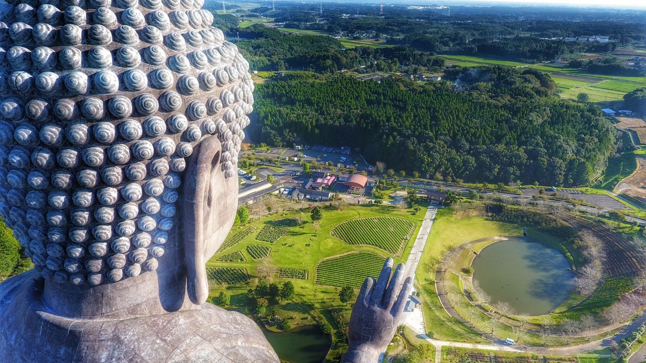 <strong>Big Buddha:</strong> Towering 120 meters above ground, Ushiku Daibutsu, or the big Buddha statue in Ushiku, Japan, is one of the tallest statues in the world. This image was captured by dronist Christian Liechti.