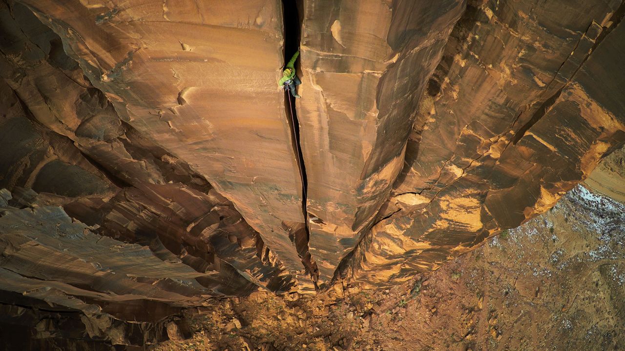 <strong>Rock-climbing: </strong>Captured on a GoPro attached to a DJI Phanton 2 drone, Max Seigal's picture of a rock climber in Moab, Utah was awarded first prize at the 2016 International Drone Photography Contest (Sport Adventure Category).