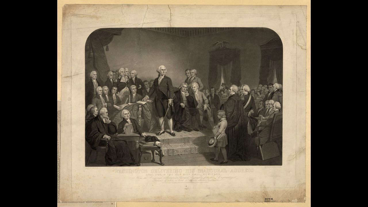 George Washington delivers his inaugural address at New York's Federal Hall in April 1789. It was 13 years after the Declaration of Independence and more than a year and a half after the Constitution was ratified.