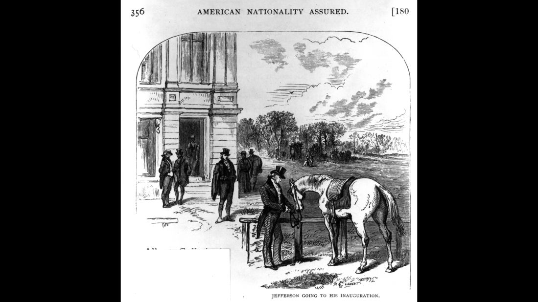 Thomas Jefferson arrives on horseback for his inauguration in 1801. It was the first one held at the US Capitol.