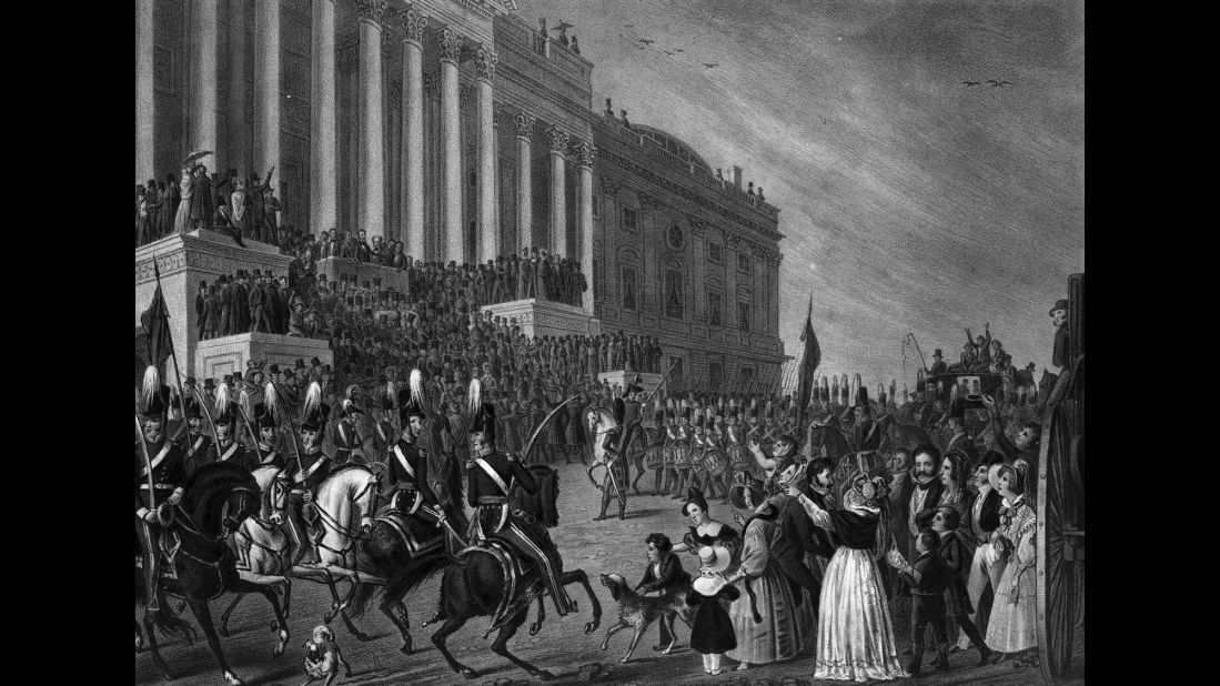 This lithograph shows the inauguration of William Henry Harrison in 1841. Harrison delivered the longest inaugural address in history (about 8,500 words). He caught a cold and died from pneumonia a month later.