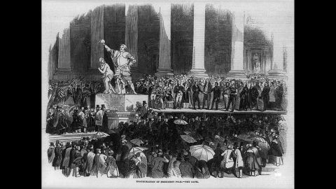 People gather for the inauguration of James K. Polk in 1845. It was the first inauguration ceremony to be reported by telegraph and shown in a newspaper illustration. 