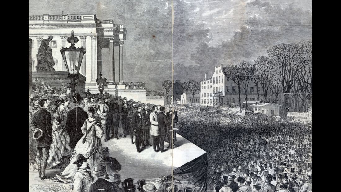 Ulysses S. Grant takes the oath of office in front of a large crowd in 1869. Grant, the former Army general who helped the Union win the Civil War, served two terms.