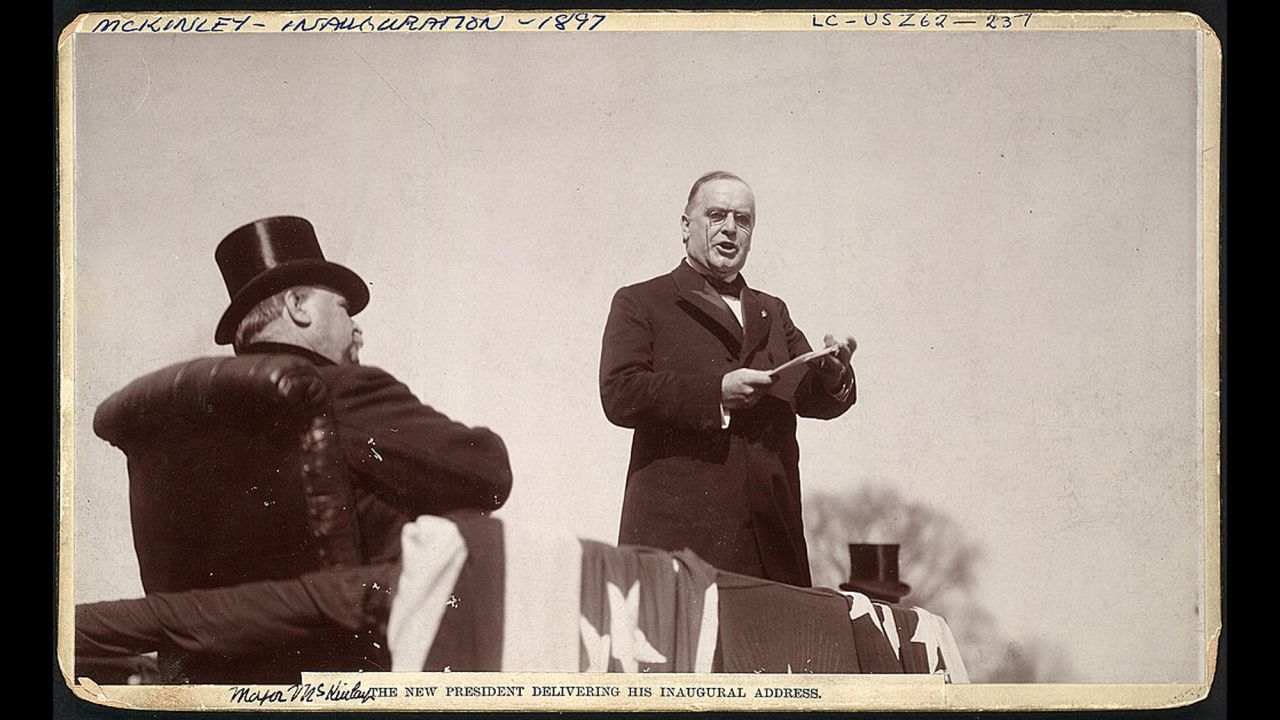 William McKinley delivers his inaugural address in 1897. His inauguration was the first to be recorded on a movie camera. He died in office shortly after being re-elected in 1900.