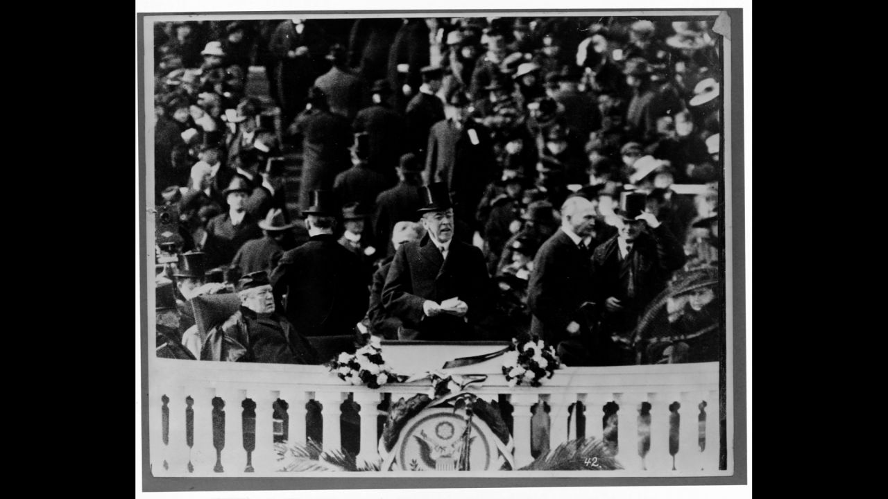 Woodrow Wilson gives his inaugural speech in 1913. Wilson broke with tradition and did not host any inaugural balls.