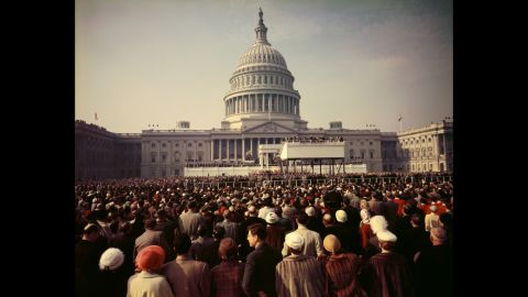 A crowd watches the inauguration ceremony of Dwight D. Eisenhower in 1953. Eisenhower, who served two terms, recited his own prayer after taking the oath of office.