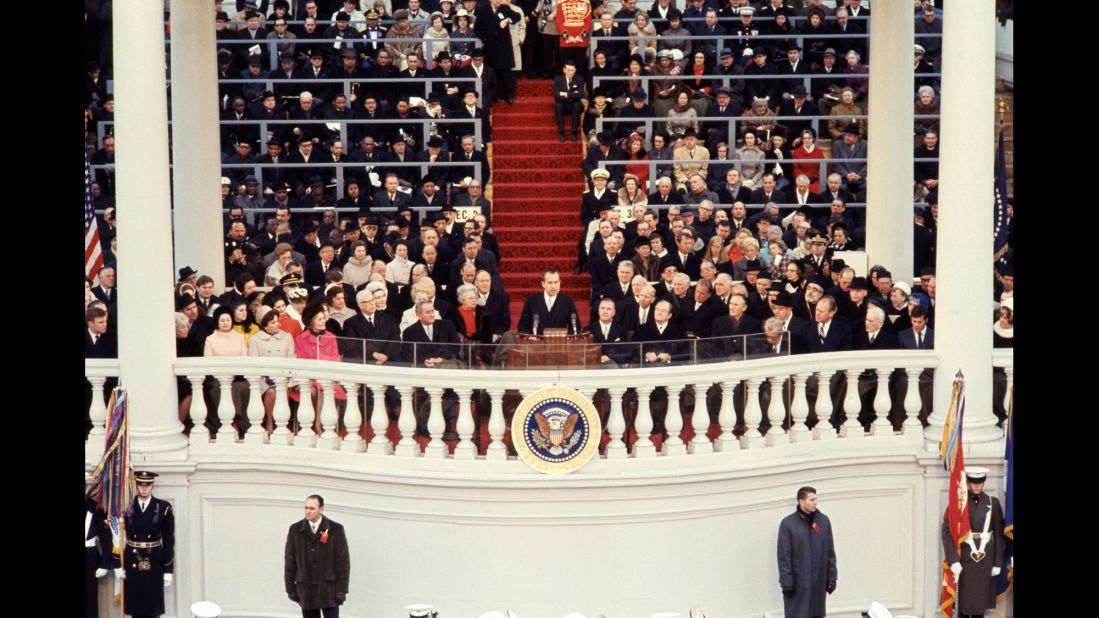 Richard Nixon delivers his inaugural address in 1969. He was re-elected in 1972 but resigned two years after that.