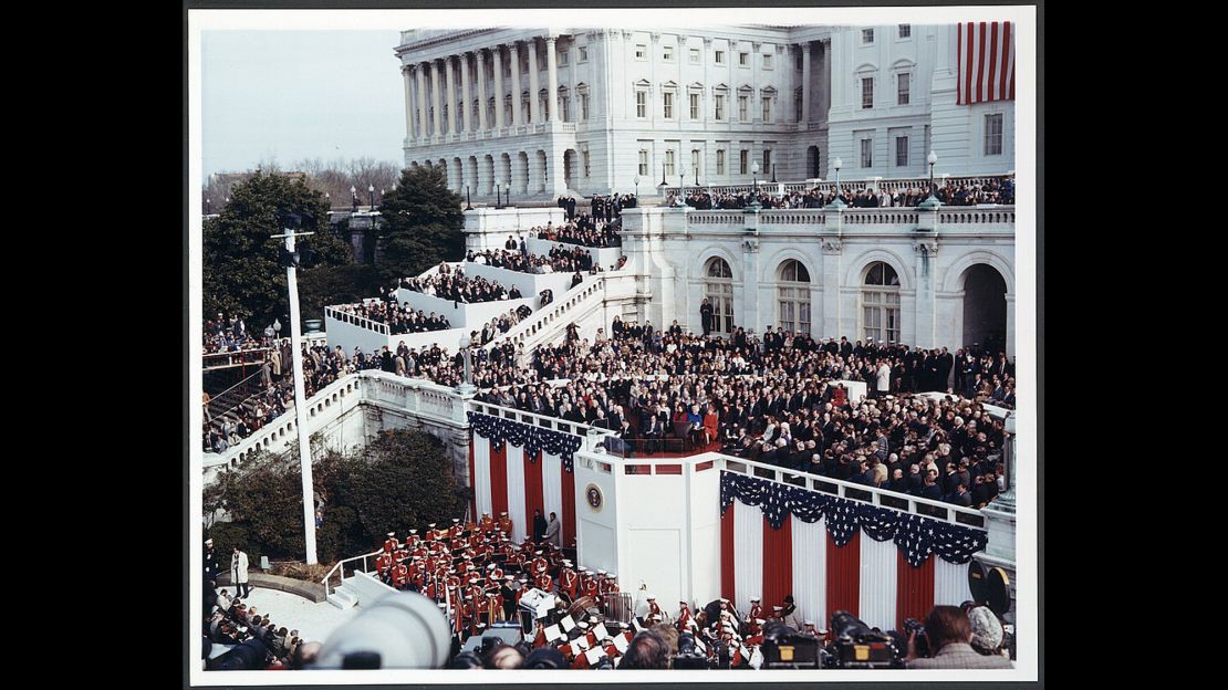 President Ronald Reagan delivering his inaugural address on the west front of the US Capitol, January 20, 1981