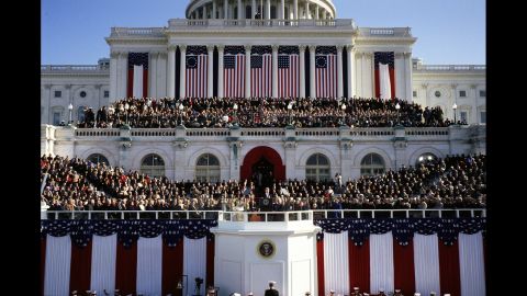 Bill Clinton addresses the crowd at the US Capitol after being inaugurated in 1993. He was re-elected in 1996.