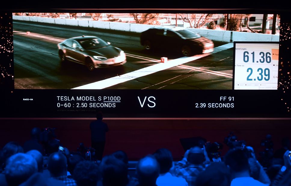 Attendees of the launch watched a video of the FF 91 electric vehicle racing a Tesla Model S. Faraday Future claims the FF91 can go from 0-60 mph in 2.39 seconds, marginally quicker than the Tesla S -- which does it in 2.5 seconds.   