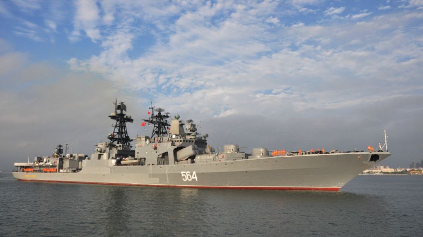 This picture taken on September 12, 2016 shows the Russian destroyer Admiral Tributs arriving at Zhanjiang port in Chinas southern Guangdong province. 
Russian navy ships arrived for eight-day joint military exercises with the Chinese navy  in the South China Sea, in a show of force after an international tribunal invalidated the Asian giant's extensive claims in the region. / AFP / STR / China OUT        (Photo credit should read STR/AFP/Getty Images)