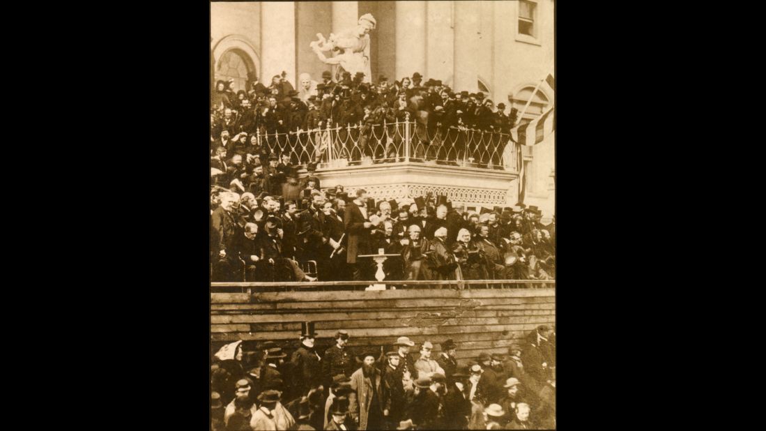 Abraham Lincoln gives his inaugural address in 1861. The nation was on the brink of the Civil War, so Lincoln was heavily protected during his procession to the Capitol.