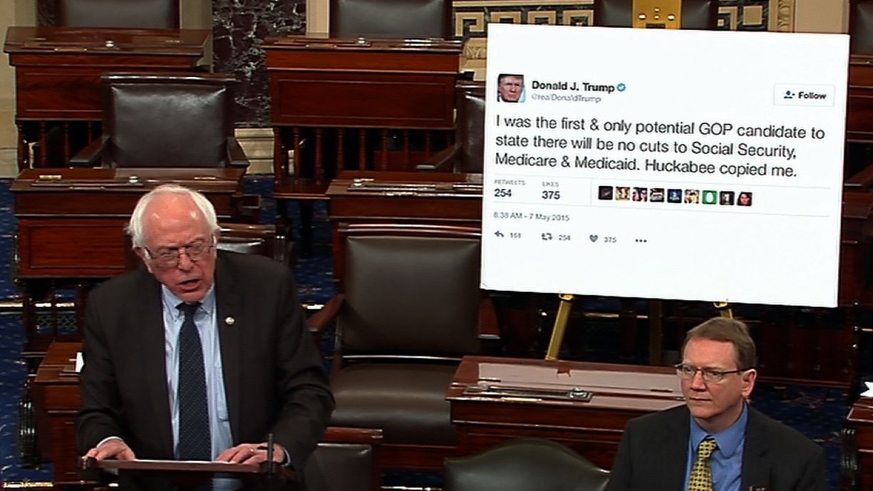 Sanders <a href="http://www.cnn.com/videos/politics/2017/01/05/bernie-sanders-trump-tweet-poster-senate-sot.cnn" target="_blank">brings a giant printout of one of Donald Trump's tweets</a> to a Senate debate in January 2017. In the tweet, Trump had promised not to cut Social Security, Medicare and Medicaid.