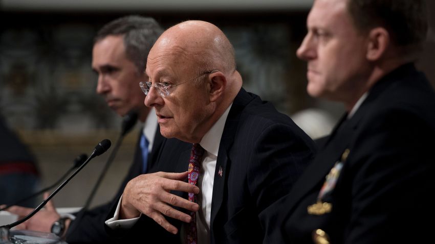 Defense Undersecretary for Intelligence Marcell Lettre (L), Director of National Intelligence James Clapper (C) and National Security Agency Director Adm. Michael Rogers (R) testifies before the Senate Armed Services Committee on Capitol Hill in Washington, DC, January 5, 2017. / AFP / JIM WATSON        (Photo credit should read JIM WATSON/AFP/Getty Images)