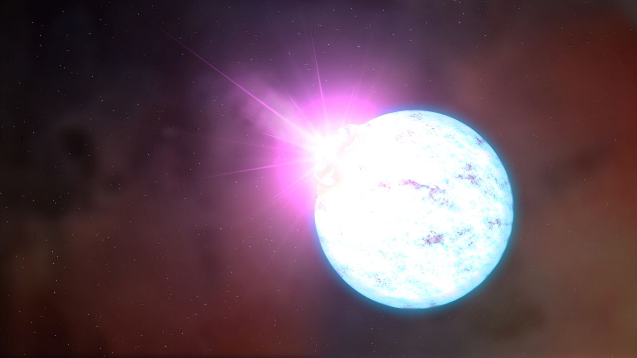An artist's rendering of an outburst on an ultra-magnetic neutron star, also called a magnetar.