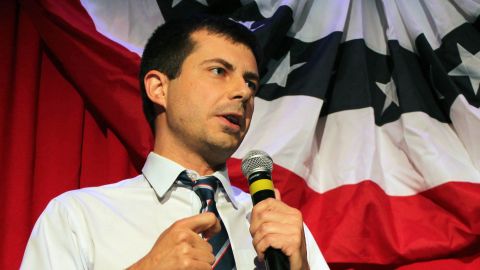 Mayor Peter Buttigieg of South Bend, Indiana, talks about Republican Vice-presidential candidate Mike Pence in front of potential voters at a Hillary Clinton debate watching party for the LGBT community in Chicago, Illinois on September 26, 2016. 