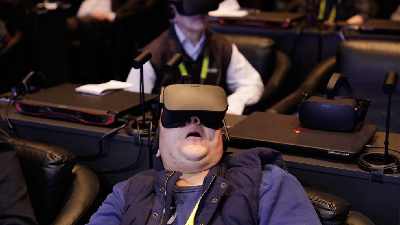 A man participates in a virtual-reality presentation during an Intel news conference in Las Vegas on Wednesday, January 4. The city is hosting CES, a trade show for consumer electronics, through January 8.