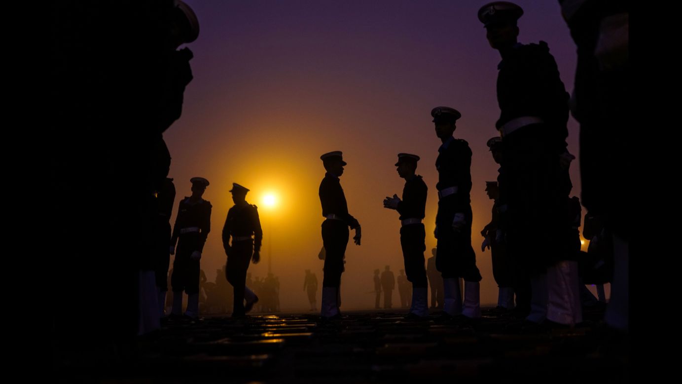 Indian military personnel prepare for a rehearsal march in New Delhi on Tuesday, January 3. India will celebrate its Republic Day with a large military parade later this month.